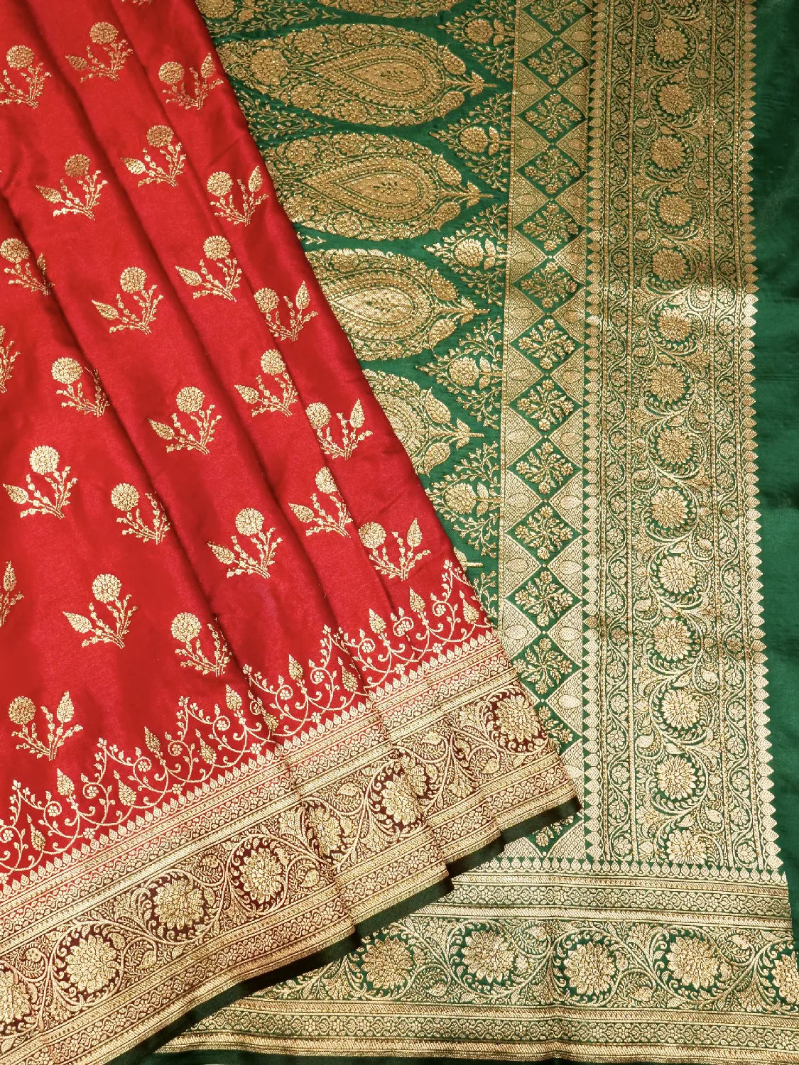 Festive Red & Green Katan Silk Saree with Heavy Zari Swarovski Work Border & Paisley Pallu DSK0014