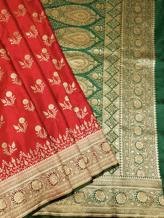 Festive Red & Green Katan Silk Saree with Heavy Zari Swarovski Work Border & Paisley Pallu DSK0014