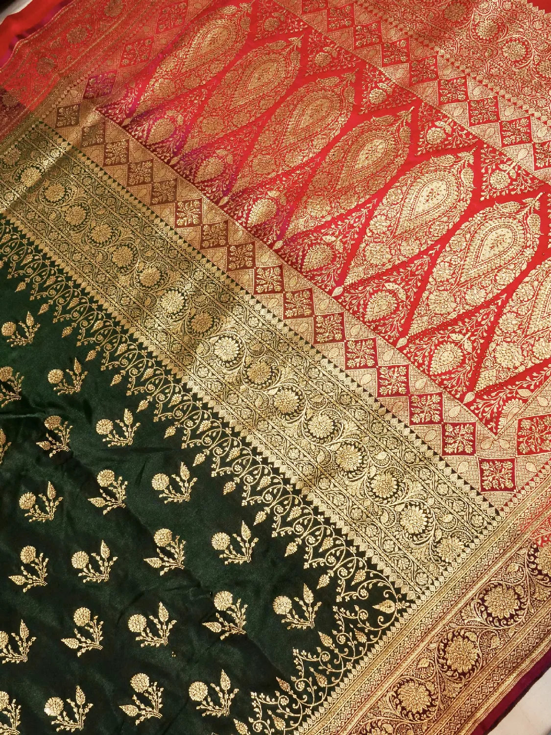 Deep Forest Green & Vibrant Red Katan Silk Saree with Swarovski Crystal Stones Gold Zari Brocade DSK0015