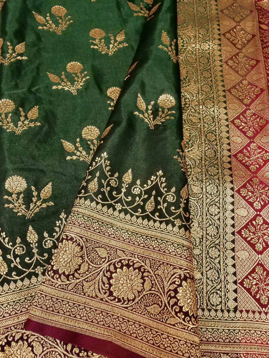 Deep Forest Green & Vibrant Red Katan Silk Saree with Swarovski Crystal Stones Gold Zari Brocade DSK0015