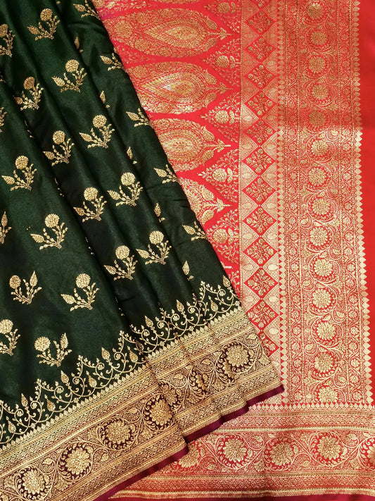 Deep Forest Green & Vibrant Red Katan Silk Saree with Swarovski Crystal Stones Gold Zari Brocade DSK0015
