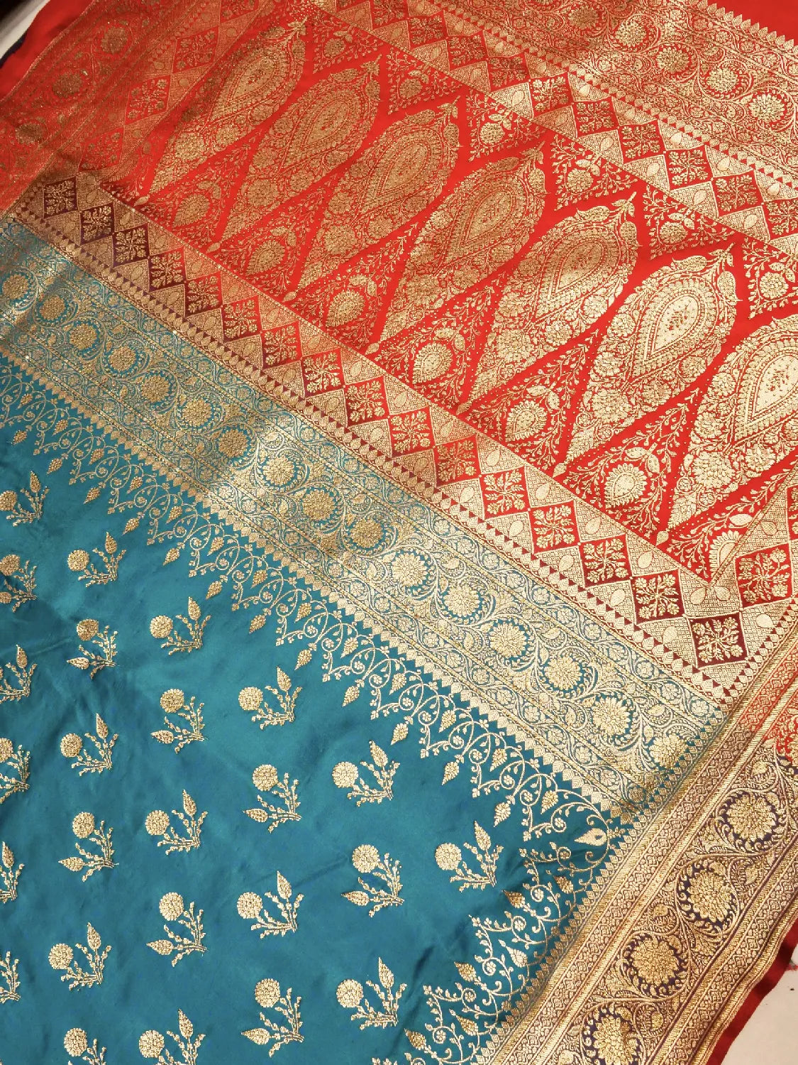 Exotic Teal Blue & Festive Red Banarasi Katan Silk Saree with Heavy Gold Zari Swarovski Crystal Stones Weave DSK0016