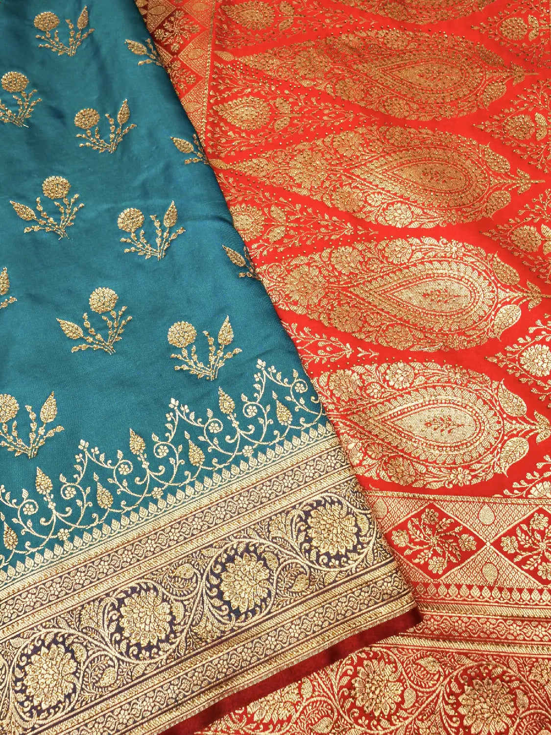 Exotic Teal Blue & Festive Red Banarasi Katan Silk Saree with Heavy Gold Zari Swarovski Crystal Stones Weave DSK0016