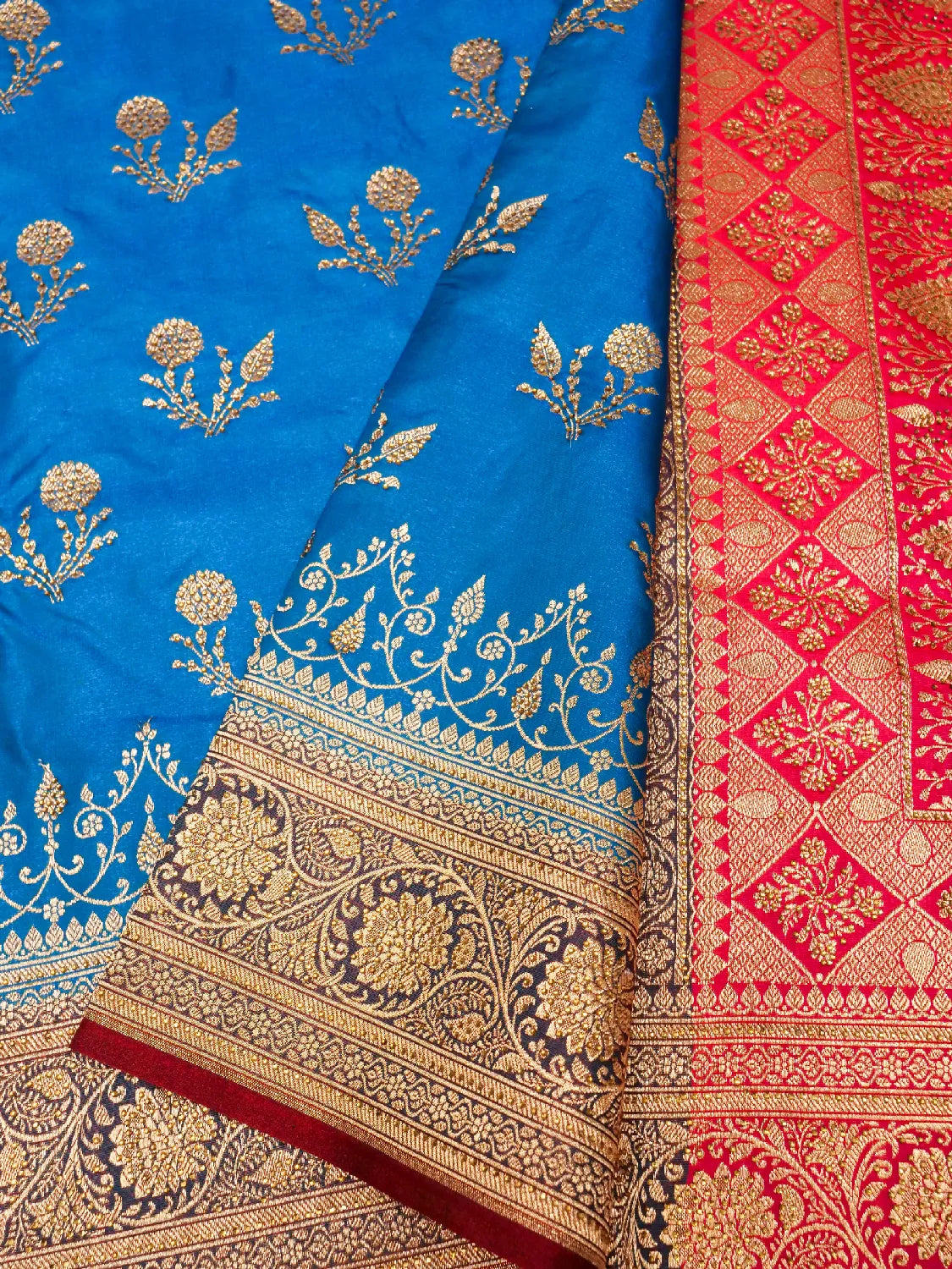 Dual-Tone Blue & Red Katan Silk Saree with Intricate Swarovski Work Gold Zari Floral Border DSK0011