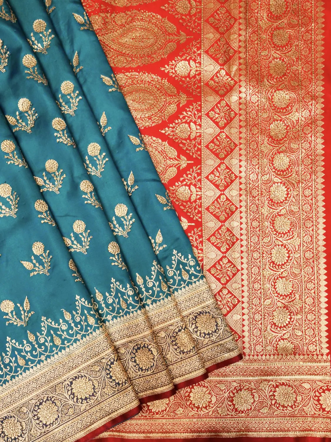 Exotic Teal Blue & Festive Red Banarasi Katan Silk Saree with Heavy Gold Zari Swarovski Crystal Stones Weave DSK0016