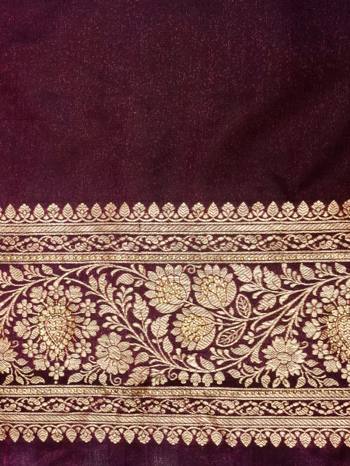 Exquisite Wine/Plum Banarasi Katan Silk Saree with Intricate Gold Zari Swarovski Crystal Stones Weave DSK0017