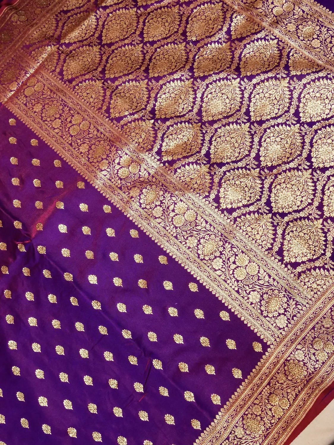 Vibrant Royal Purple Banarasi Katan Silk Saree with Classic Gold Zari Swarovski Crystal Stones Bootis DSK0018