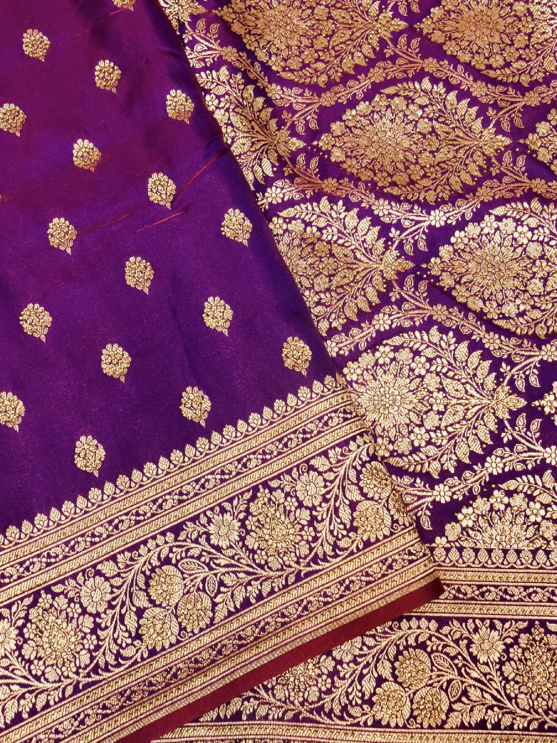Vibrant Royal Purple Banarasi Katan Silk Saree with Classic Gold Zari Swarovski Crystal Stones Bootis DSK0018