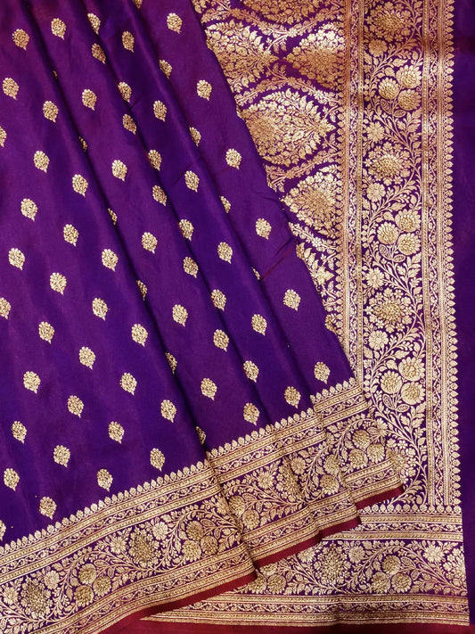 Vibrant Royal Purple Banarasi Katan Silk Saree with Classic Gold Zari Swarovski Crystal Stones Bootis DSK0018