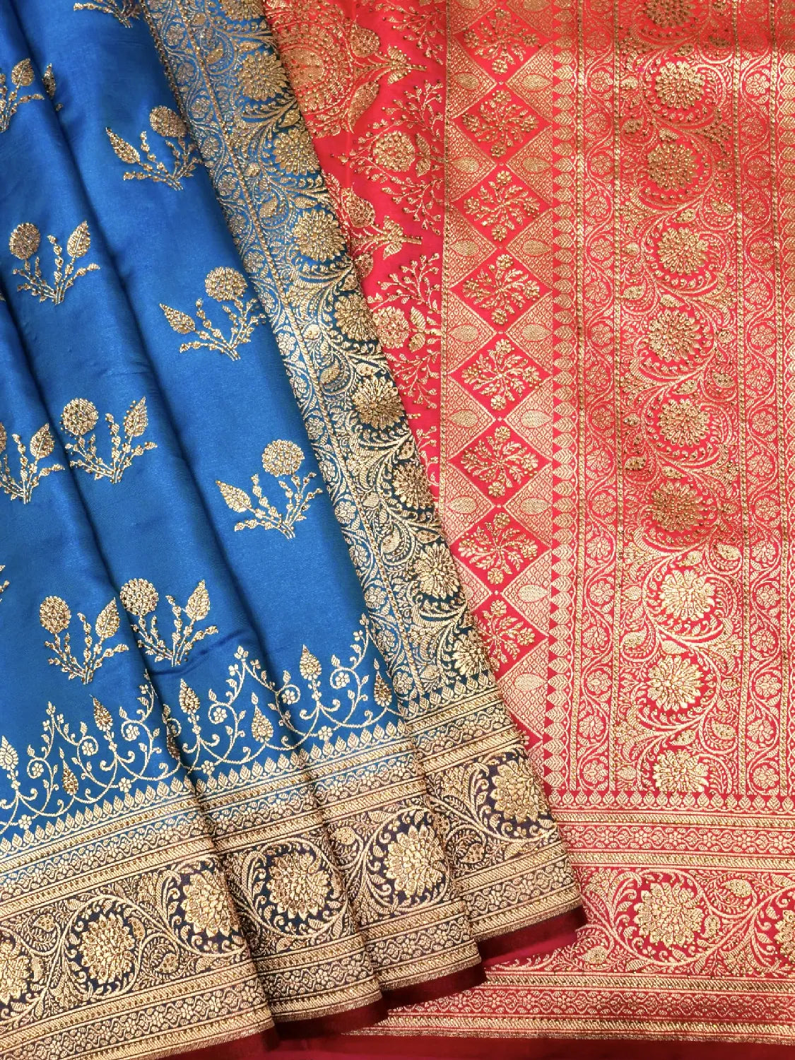 Dual-Tone Blue & Red Katan Silk Saree with Intricate Swarovski Work Gold Zari Floral Border DSK0011
