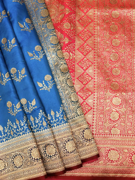 Dual-Tone Blue & Red Katan Silk Saree with Intricate Swarovski Work Gold Zari Floral Border DSK0011