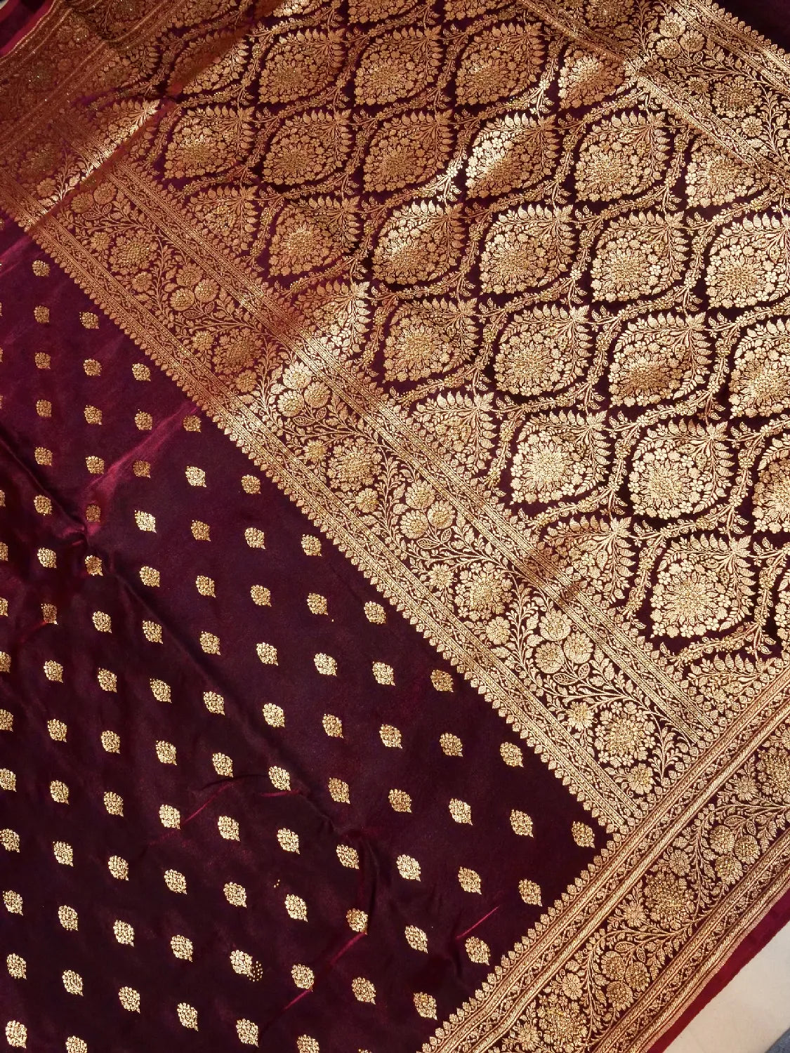 Luxurious Deep Wine Banarasi Katan Silk Saree with Opulent Swarovski Crystal Stones Gold Zari Pallu DSK0019