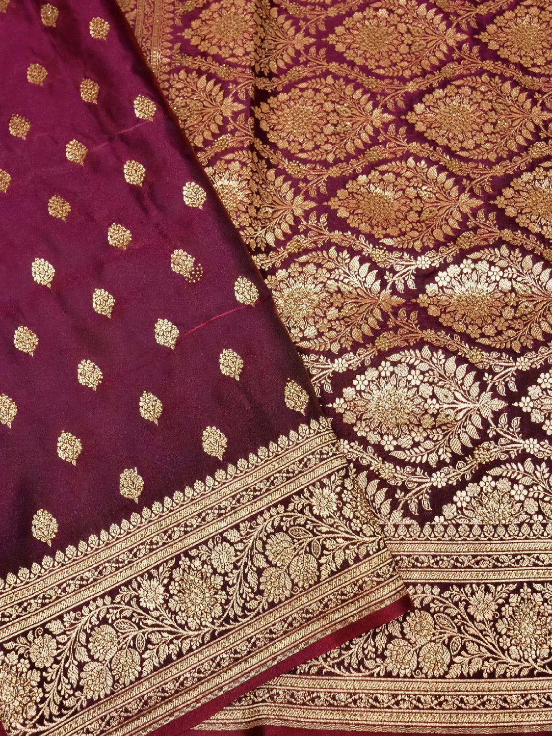 Luxurious Deep Wine Banarasi Katan Silk Saree with Opulent Swarovski Crystal Stones Gold Zari Pallu DSK0019