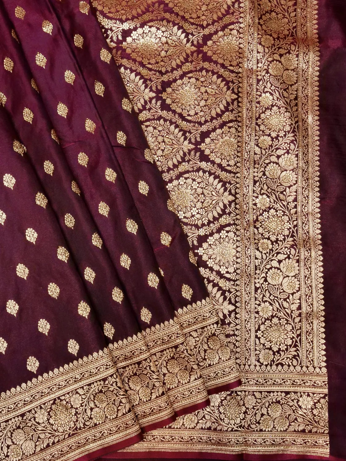 Luxurious Deep Wine Banarasi Katan Silk Saree with Opulent Swarovski Crystal Stones Gold Zari Pallu DSK0019