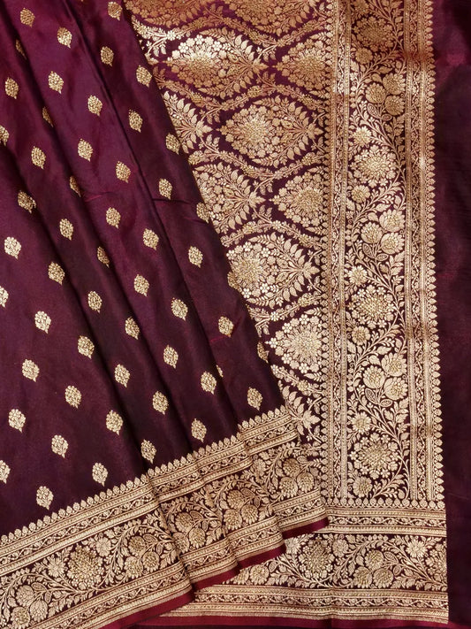 Luxurious Deep Wine Banarasi Katan Silk Saree with Opulent Swarovski Crystal Stones Gold Zari Pallu DSK0019