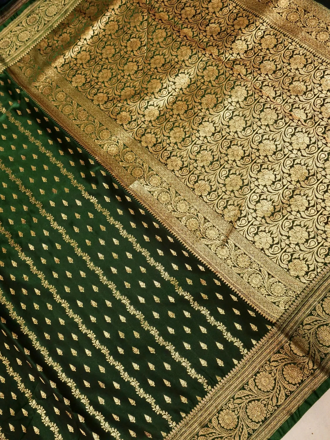 Exquisite Emerald Bottle Green Banarasi Silk Saree with Vertical Gold Zari Swarovski Crystal Stones Weave DSK0021