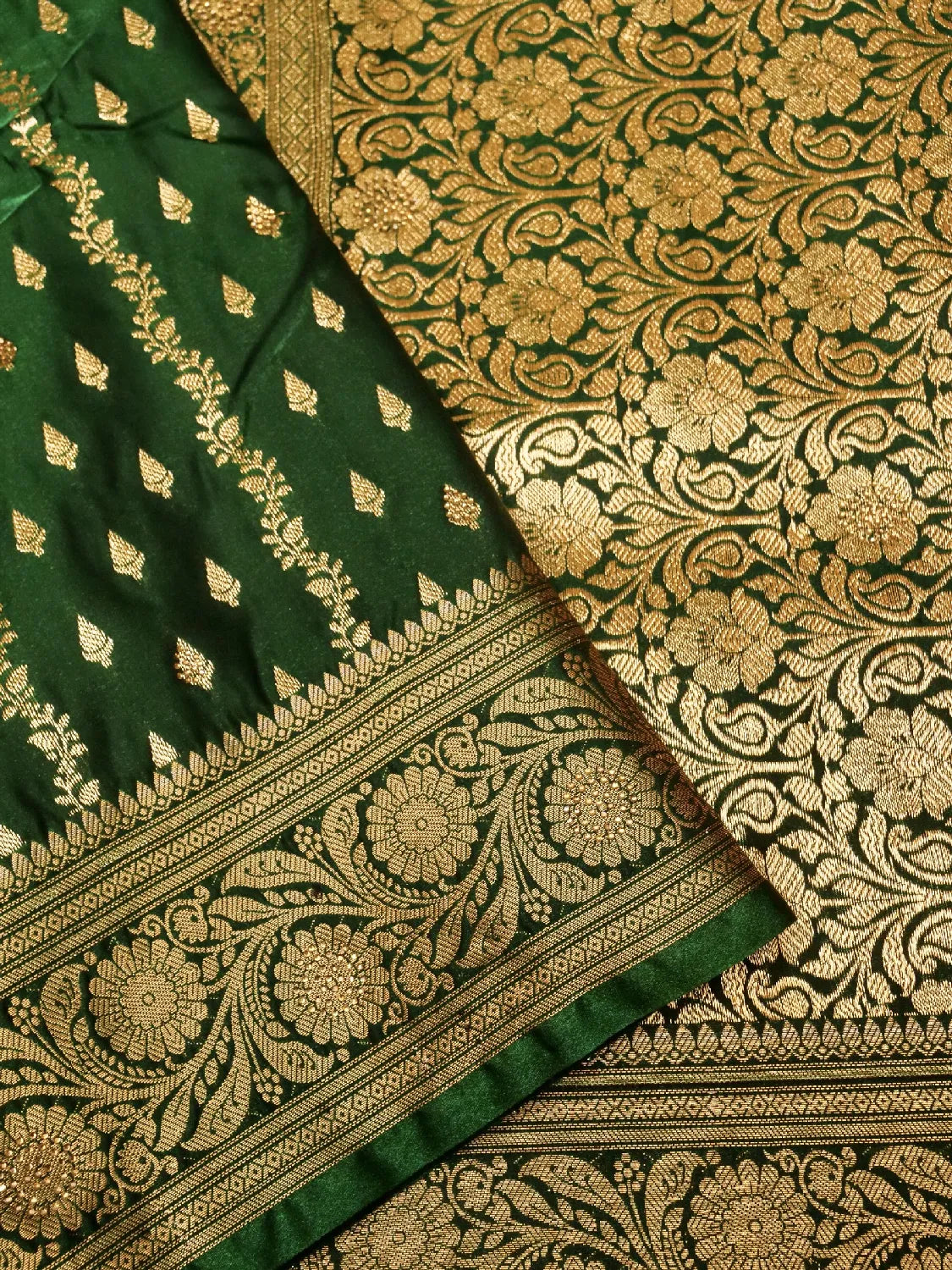 Exquisite Emerald Bottle Green Banarasi Silk Saree with Vertical Gold Zari Swarovski Crystal Stones Weave DSK0021