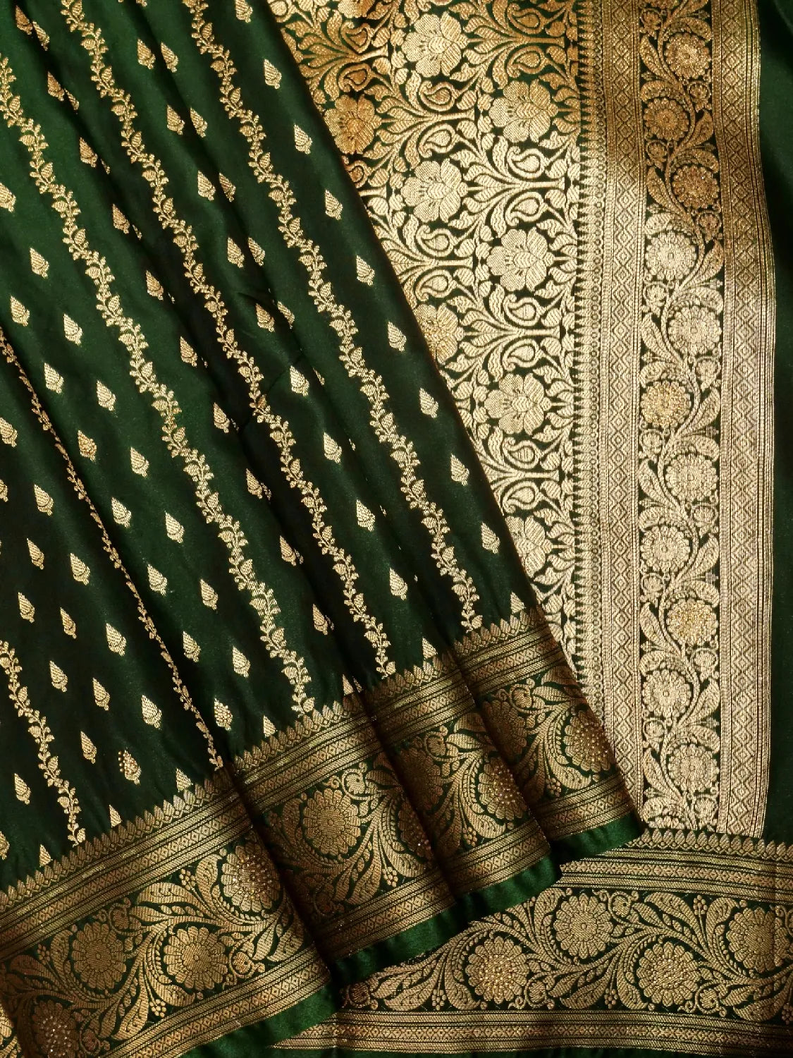 Exquisite Emerald Bottle Green Banarasi Silk Saree with Vertical Gold Zari Swarovski Crystal Stones Weave DSK0021