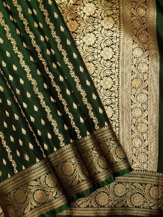 Exquisite Emerald Bottle Green Banarasi Silk Saree with Vertical Gold Zari Swarovski Crystal Stones Weave DSK0021