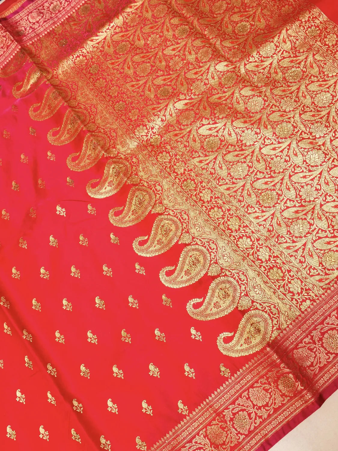 Opulent Red Banarasi Silk Saree with Flowing Floral Gold Zari Swarovski Crystal Stones Work Pallu DSK0023