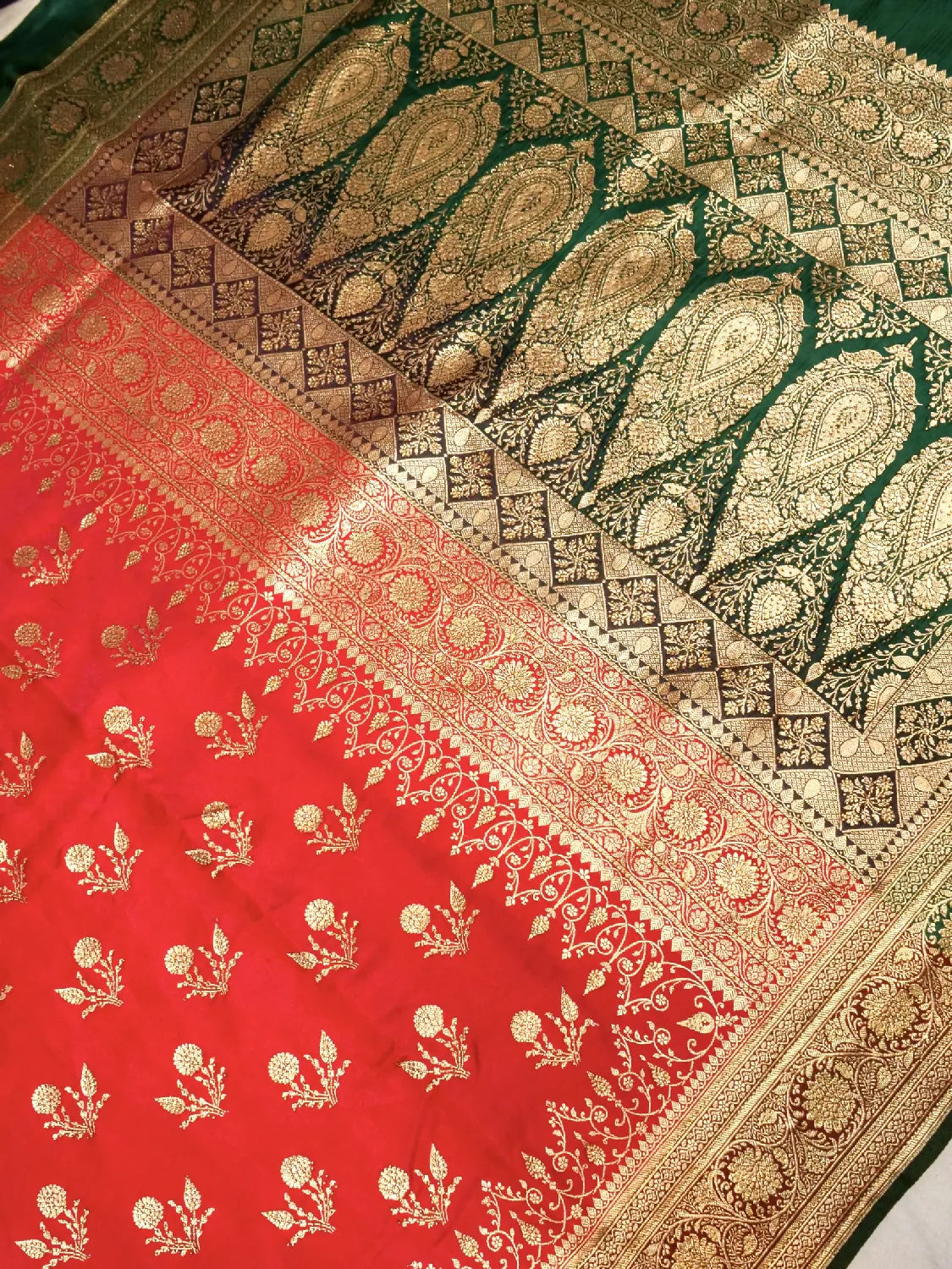 Regal Red & Emerald Green Katan Silk Saree with Swarovski Heavy Gold Zari Work Brocade DSK0012