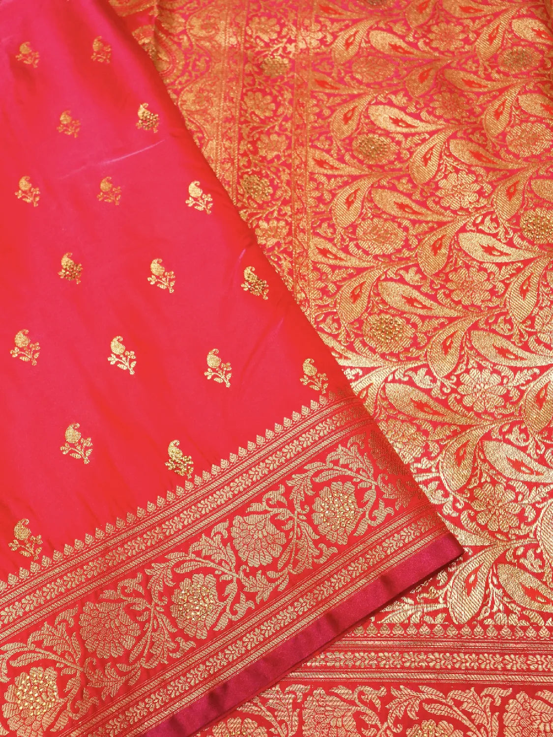 Opulent Red Banarasi Silk Saree with Flowing Floral Gold Zari Swarovski Crystal Stones Work Pallu DSK0023