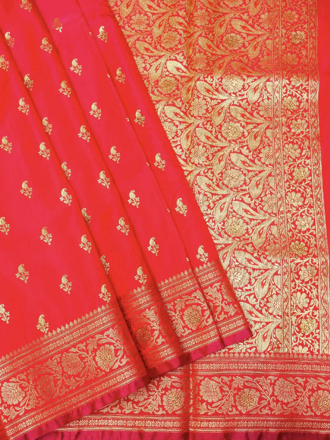 Opulent Red Banarasi Silk Saree with Flowing Floral Gold Zari Swarovski Crystal Stones Work Pallu DSK0023