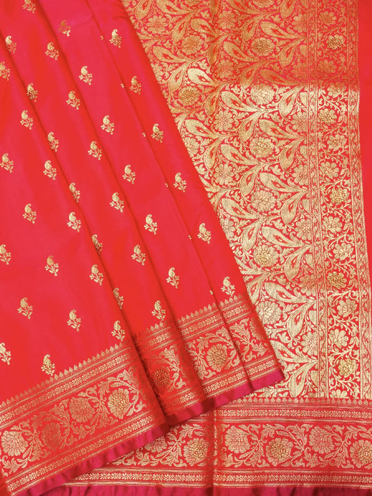 Opulent Red Banarasi Silk Saree with Flowing Floral Gold Zari Swarovski Crystal Stones Work Pallu DSK0023
