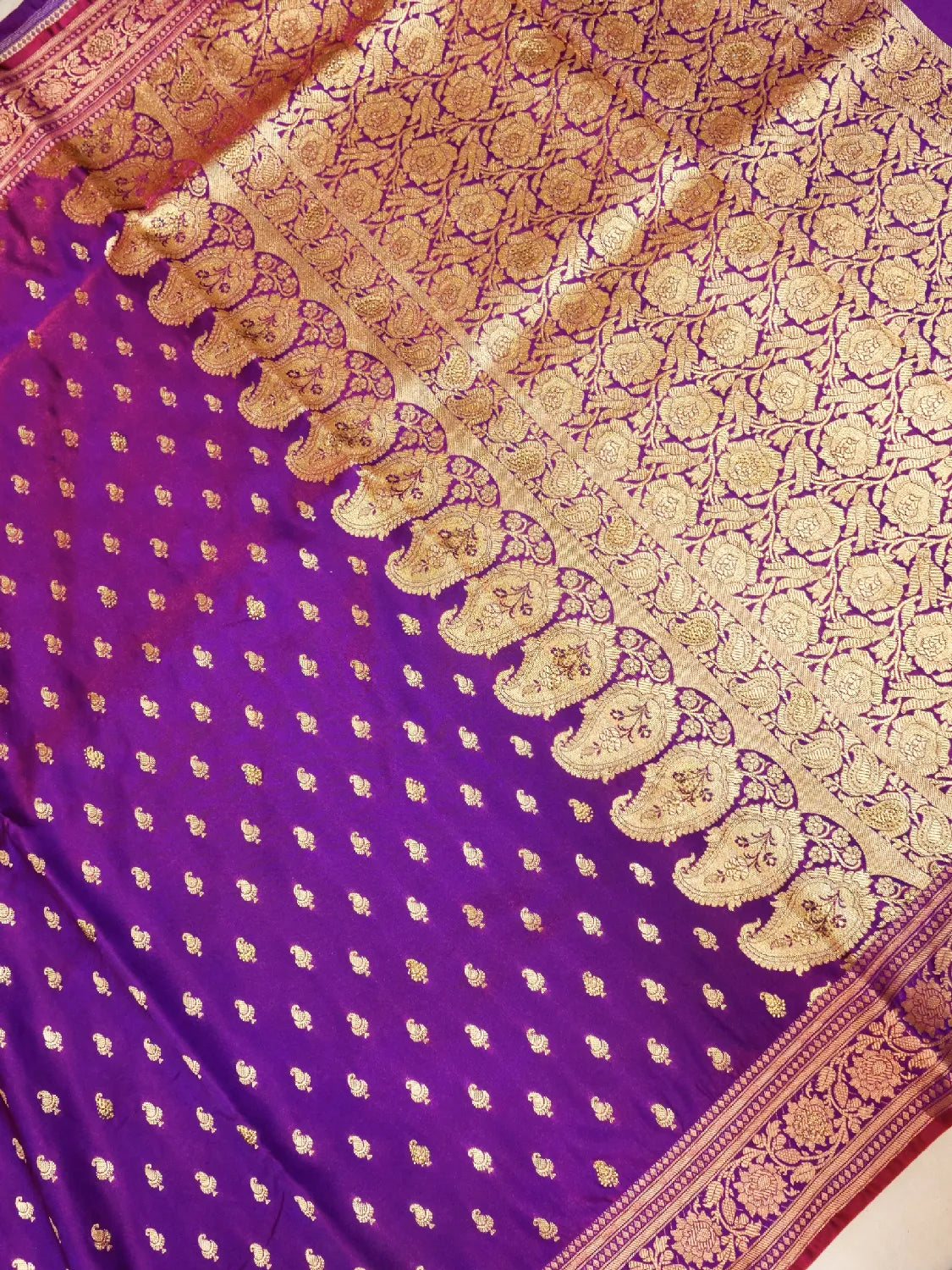 Handwoven Violet Banarasi Silk Saree - Heavy Floral Jaal Pallu in Gold Zari Swarovski Crystal Stones DSK0024