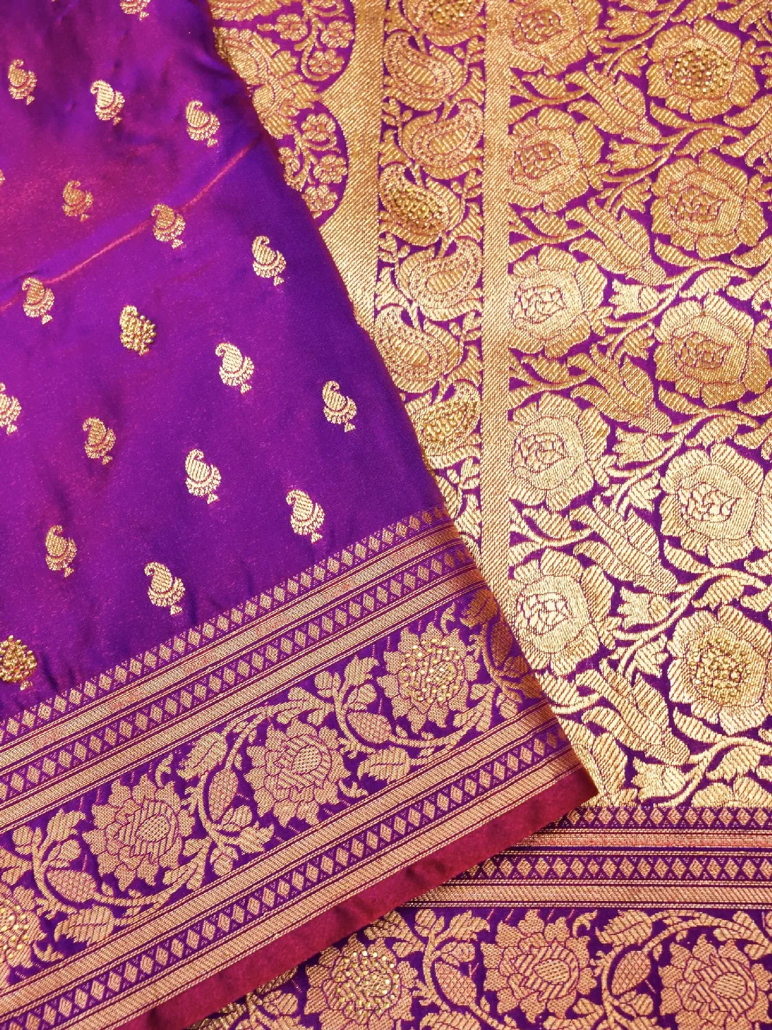 Handwoven Violet Banarasi Silk Saree - Heavy Floral Jaal Pallu in Gold Zari Swarovski Crystal Stones DSK0024