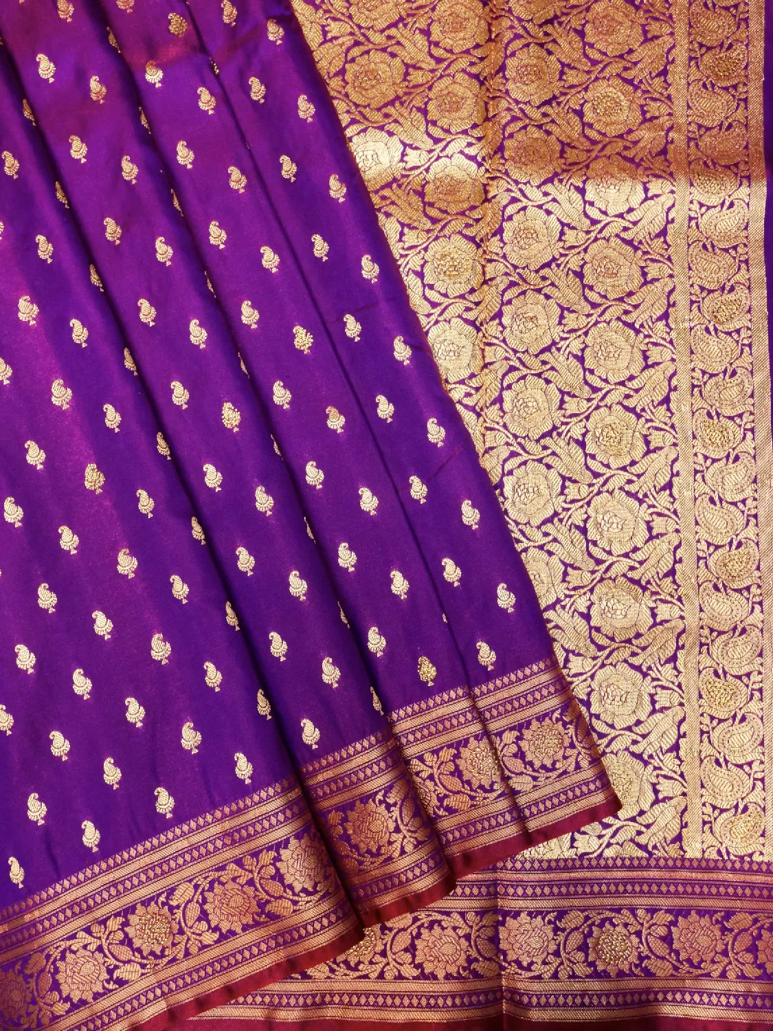 Handwoven Violet Banarasi Silk Saree - Heavy Floral Jaal Pallu in Gold Zari Swarovski Crystal Stones DSK0024
