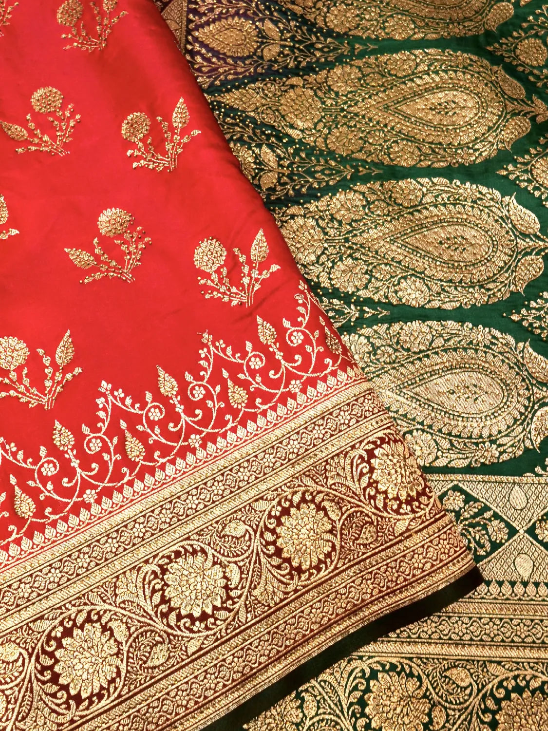Regal Red & Emerald Green Katan Silk Saree with Swarovski Heavy Gold Zari Work Brocade DSK0012