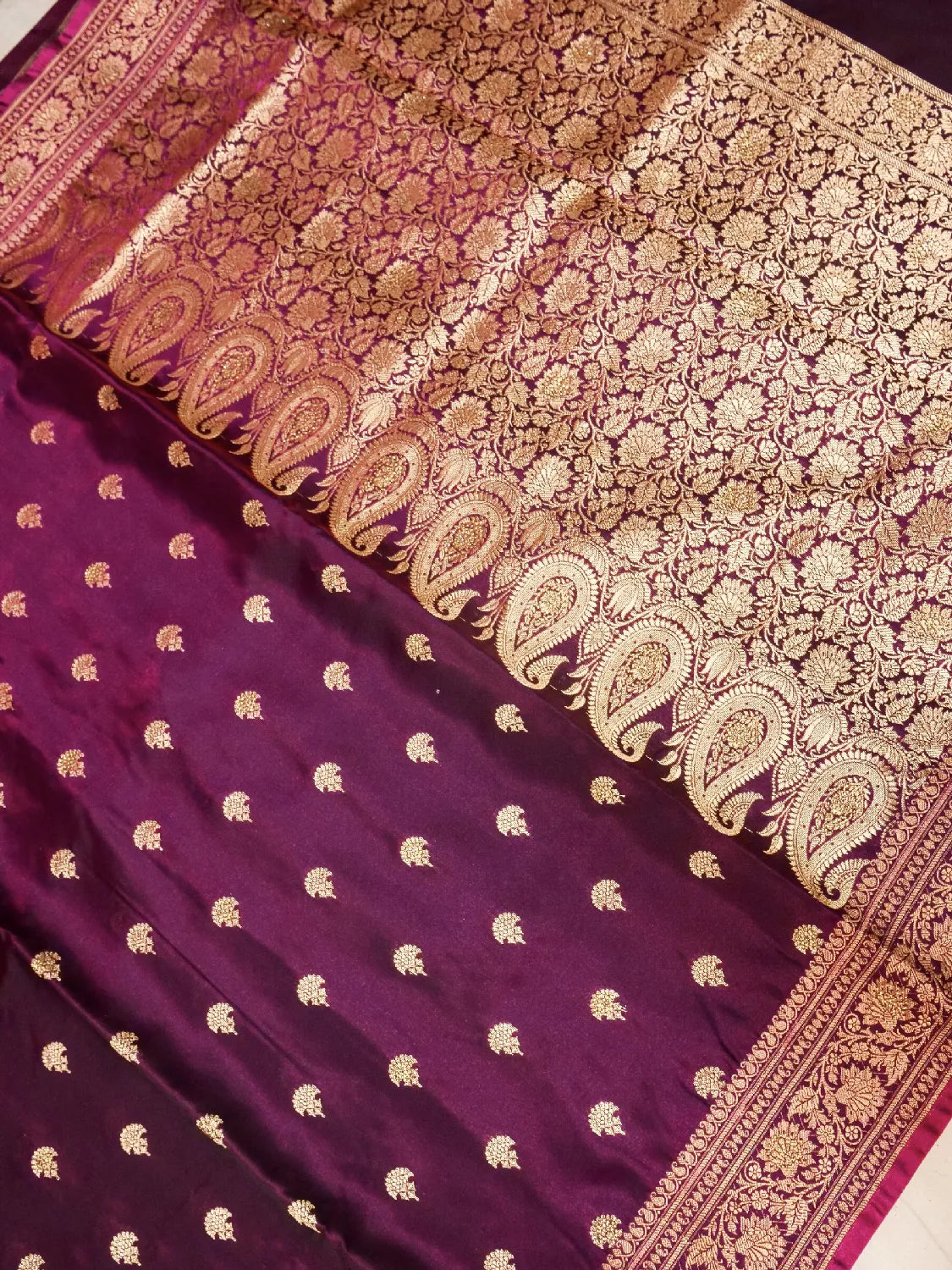 Wine Color Banarasi Silk Saree with Intense Gold Zari Seroski Work Weave  DSK0026