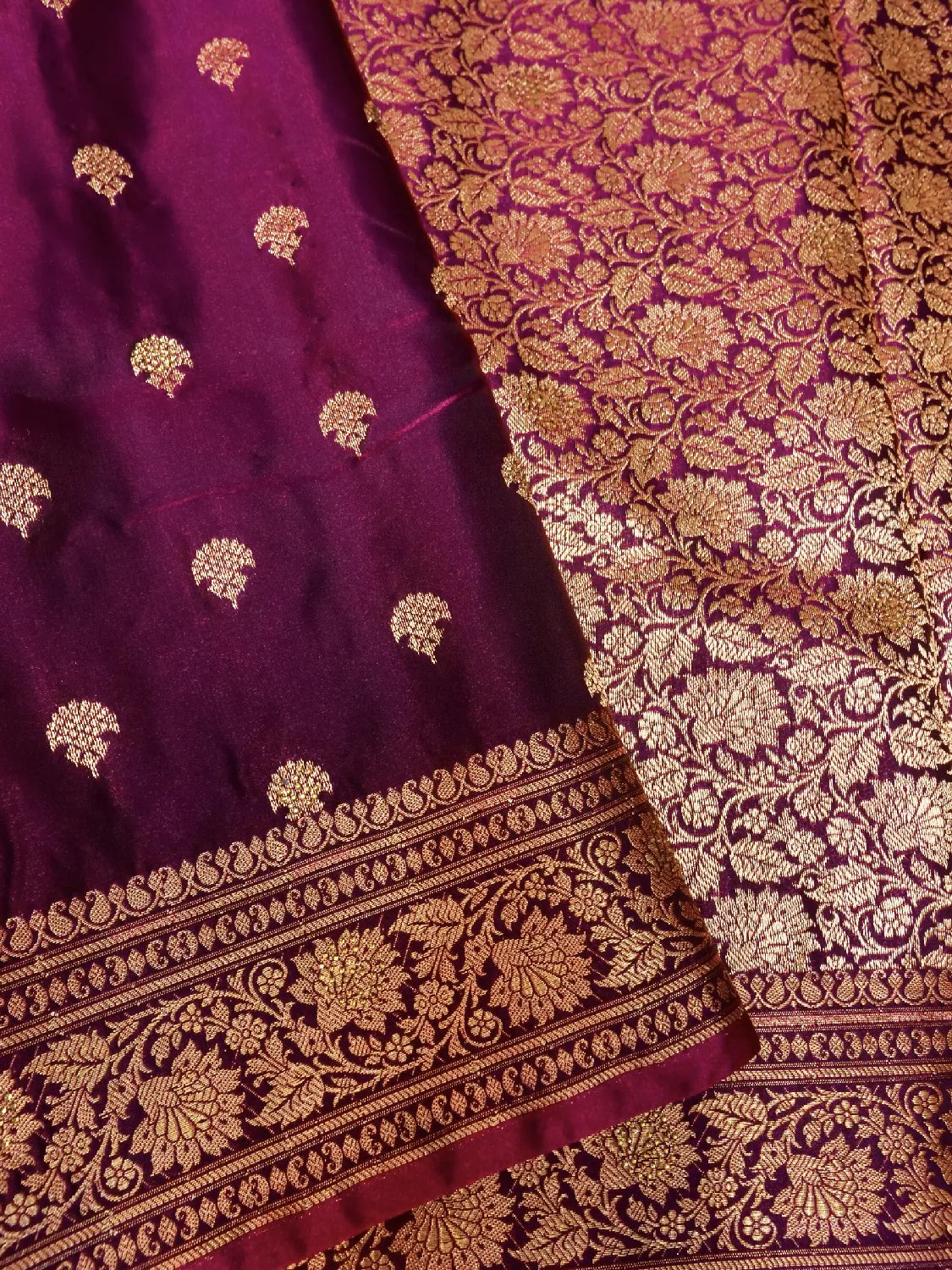 Wine Color Banarasi Silk Saree with Intense Gold Zari Seroski Work Weave  DSK0026
