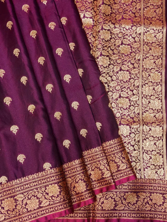 Wine Color Banarasi Silk Saree with Intense Gold Zari Seroski Work Weave  DSK0026