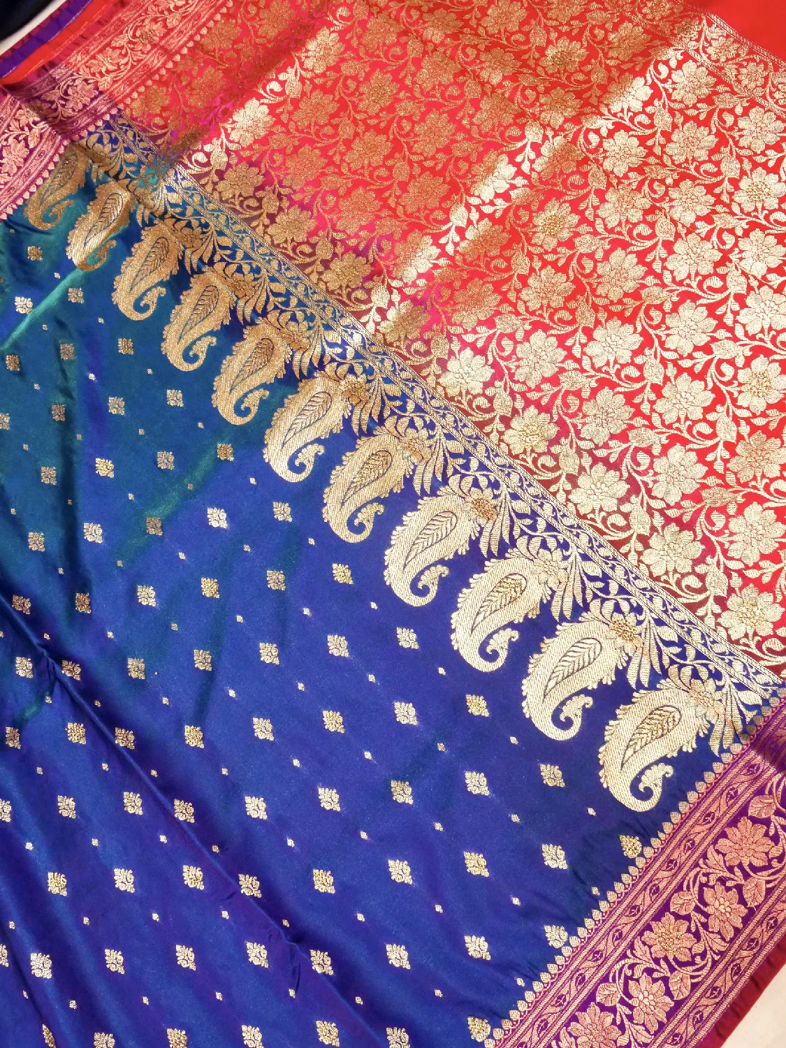 Striking Royal Blue & Red Banarasi Silk  Saree - Dual-Tone Contrast Silk With Swarovski Crystal Stones DSK0027