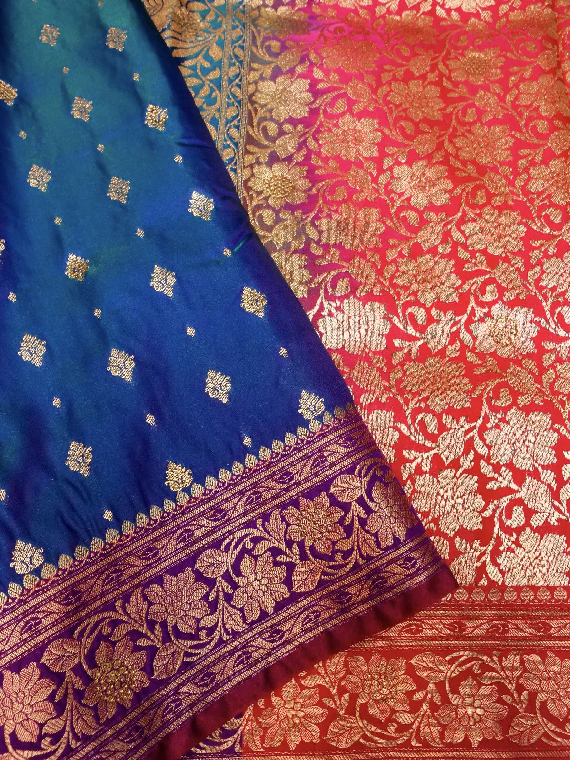 Striking Royal Blue & Red Banarasi Silk  Saree - Dual-Tone Contrast Silk With Swarovski Crystal Stones DSK0027