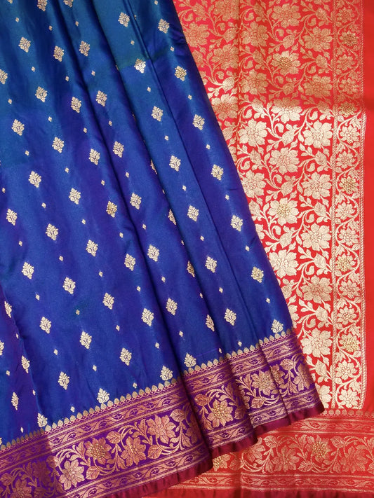 Striking Royal Blue & Red Banarasi Silk  Saree - Dual-Tone Contrast Silk With Swarovski Crystal Stones DSK0027