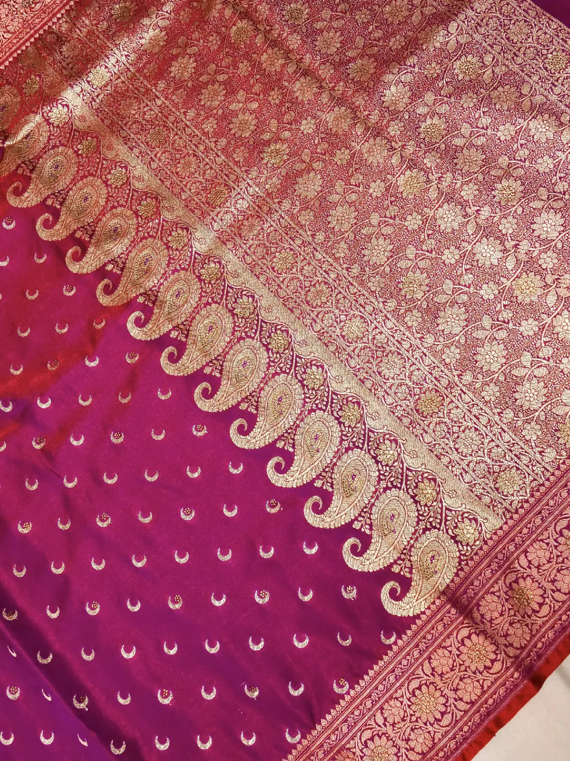 Vibrant Magenta Banarasi Silk Saree with Gold Crescent Moon Crystal Stone Buttas DSK0054