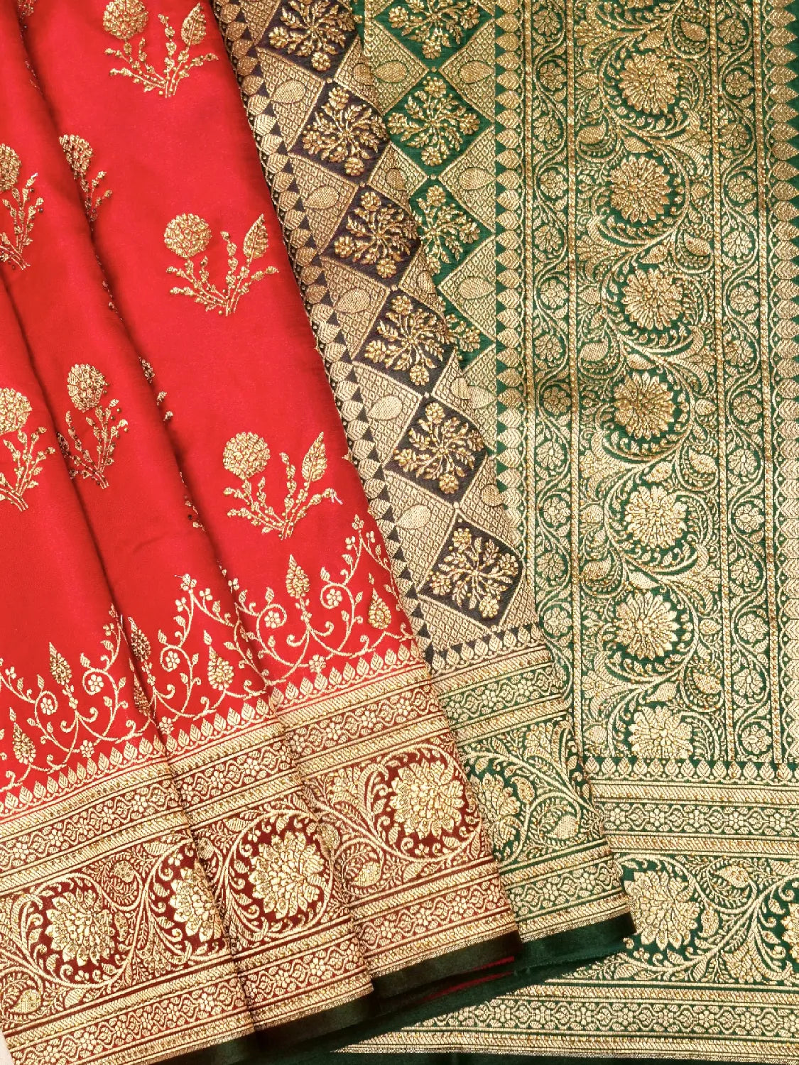 Regal Red & Emerald Green Katan Silk Saree with Swarovski Heavy Gold Zari Work Brocade DSK0012