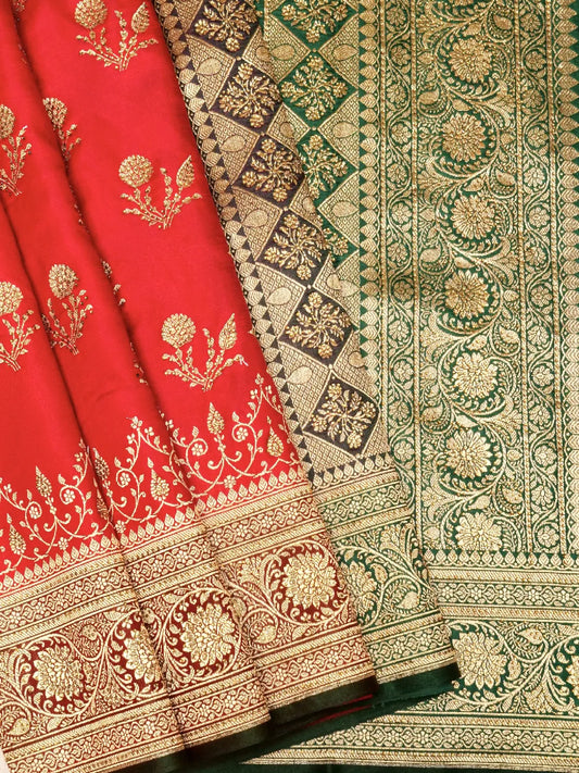 Regal Red & Emerald Green Katan Silk Saree with Swarovski Heavy Gold Zari Work Brocade DSK0012