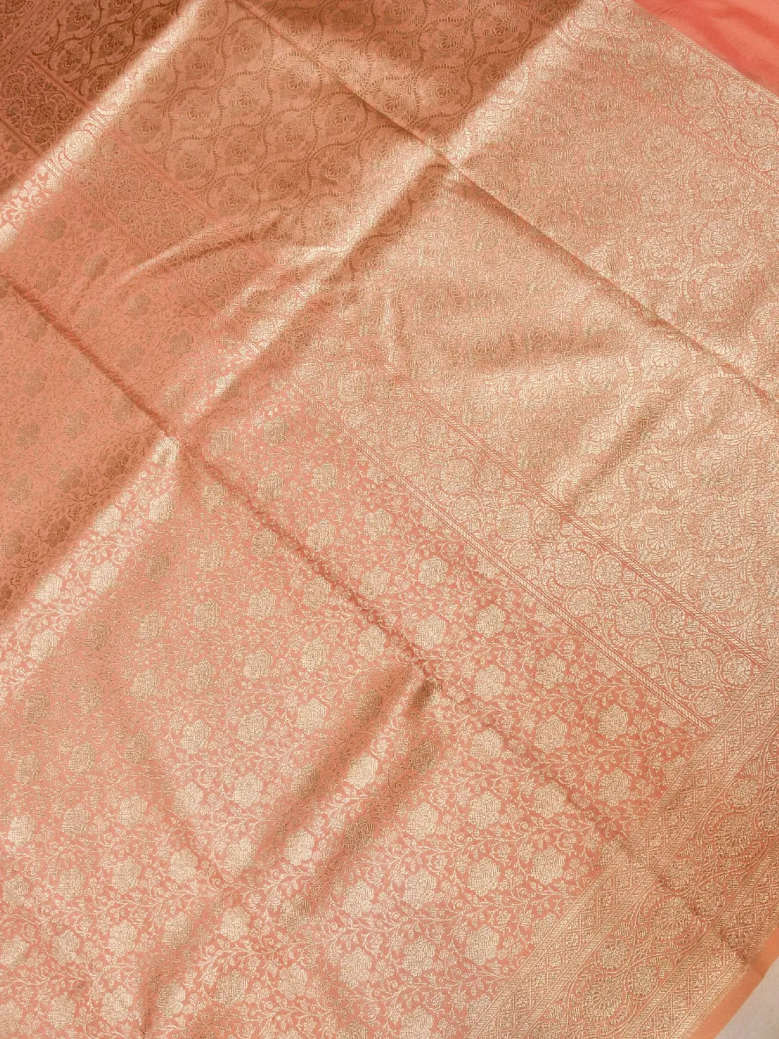 Soft Peach Banarasi Katan Silk Saree with All-Over Gold Brocade Floral Jaal DSK0031