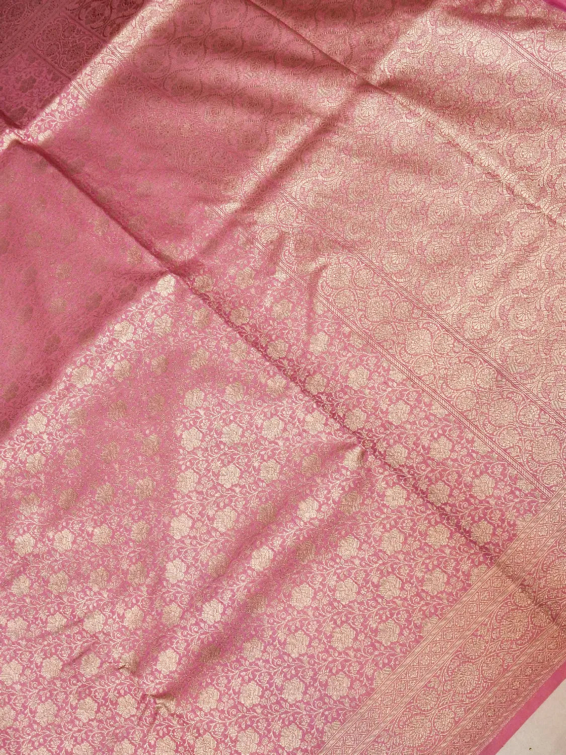 Vibrant Rani Pink Banarasi Katan Silk Saree with Luxurious Gold Brocade Jaal DSK0032
