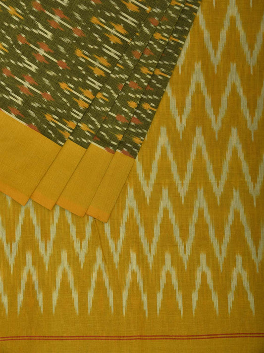 Green and Yellow Pochampally Ikat Cotton Handloom Saree with Grill and Zig-Zag Pallu Design No Blouse i0919