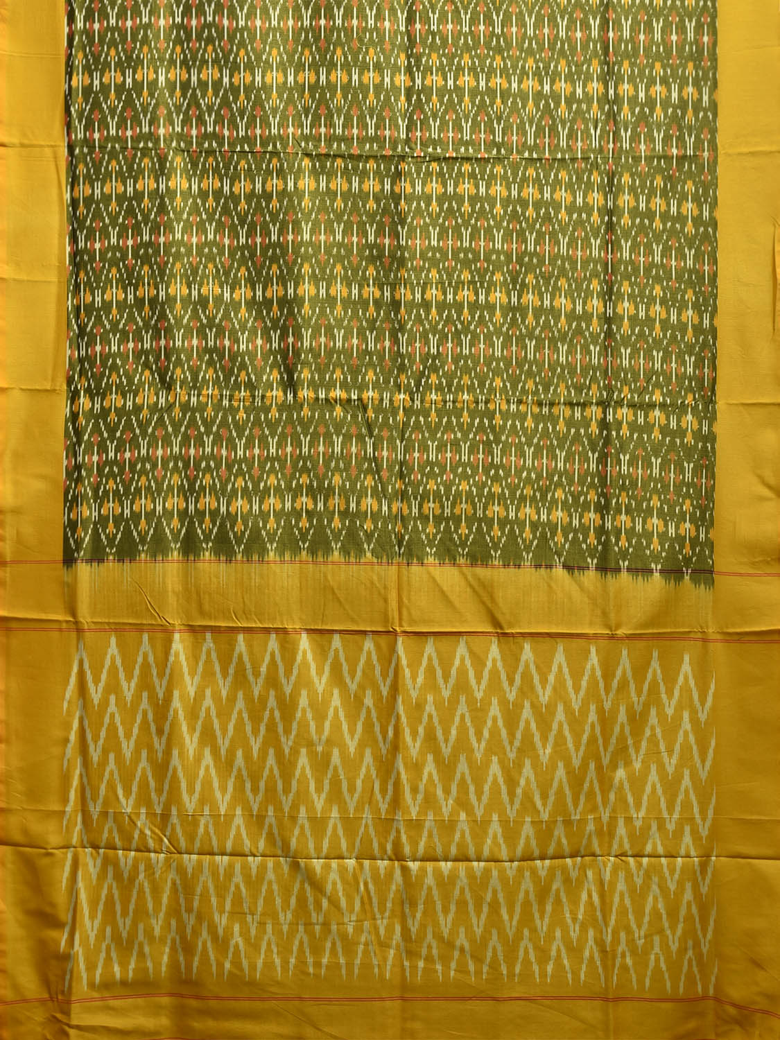 Green and Yellow Pochampally Ikat Cotton Handloom Saree with Grill and Zig-Zag Pallu Design No Blouse i0919