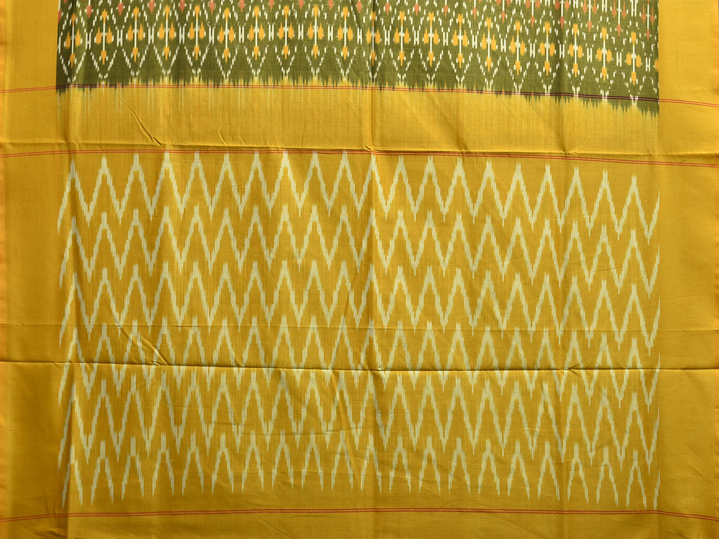 Green and Yellow Pochampally Ikat Cotton Handloom Saree with Grill and Zig-Zag Pallu Design No Blouse i0919