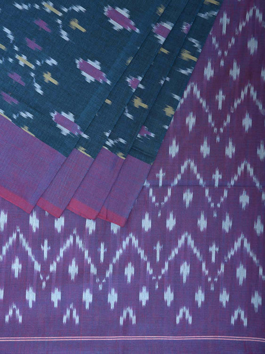 Blue and Purple Pochampally Ikat Cotton Handloom Saree with Buta and Zig-Zag Pallu Design No Blouse i0920