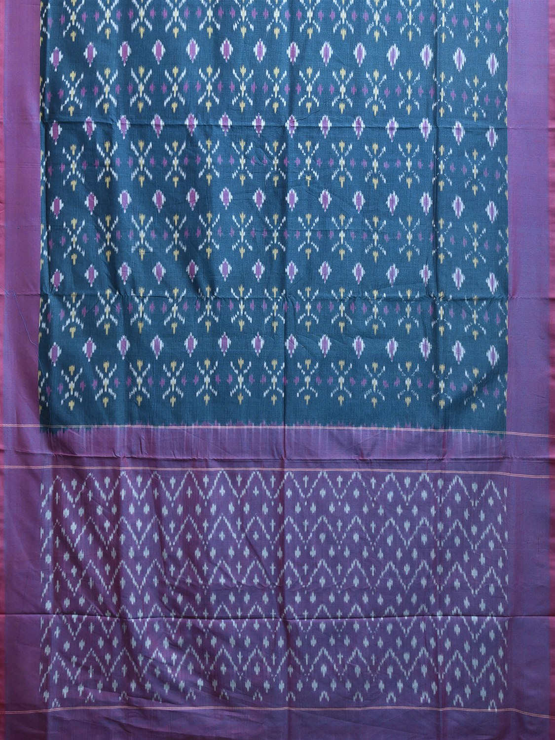Blue and Purple Pochampally Ikat Cotton Handloom Saree with Buta and Zig-Zag Pallu Design No Blouse i0920