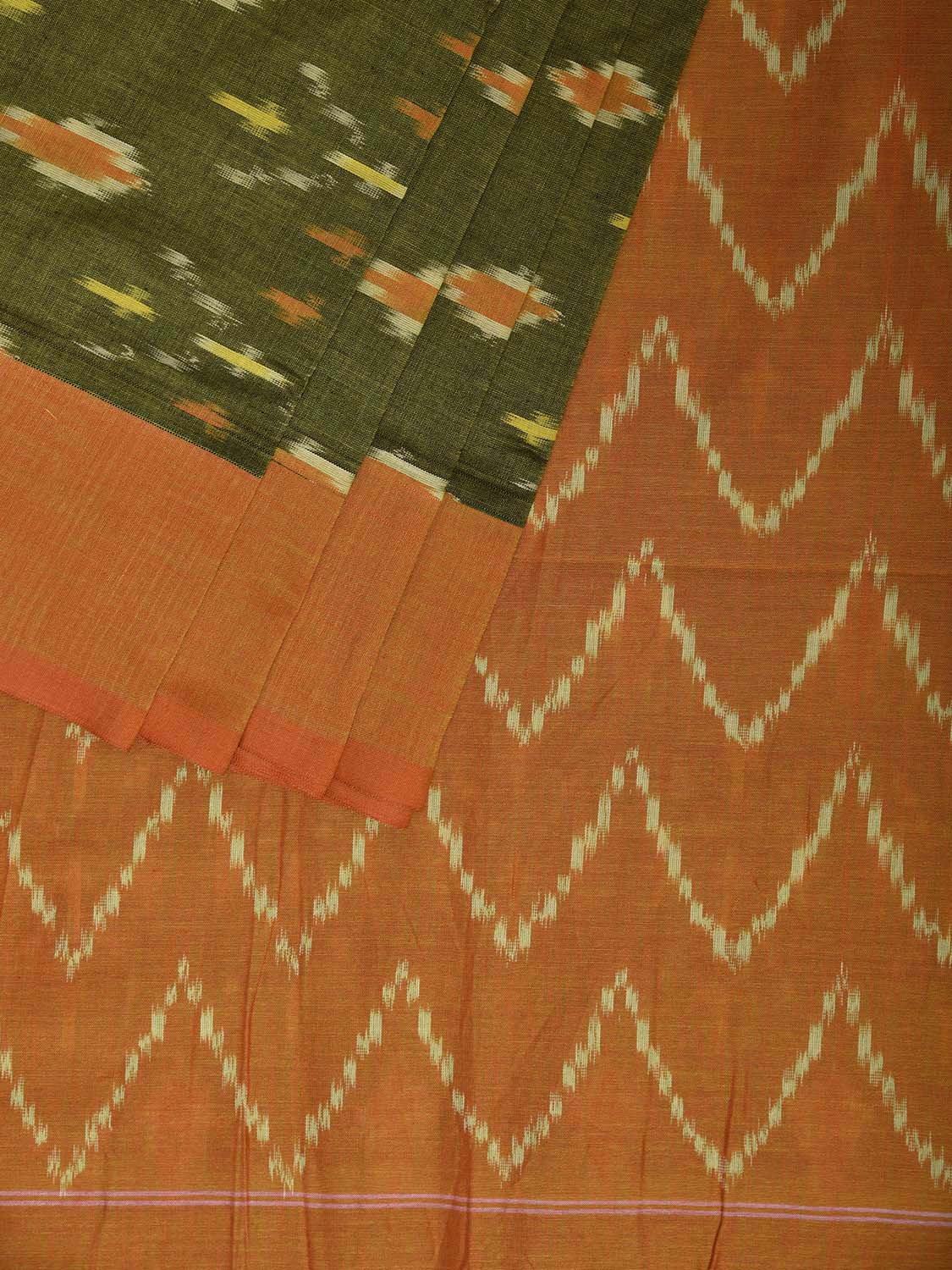 Green and Orange Pochampally Ikat Cotton Handloom Saree with Buta and Zig-Zag Pallu Design No Blouse i0921