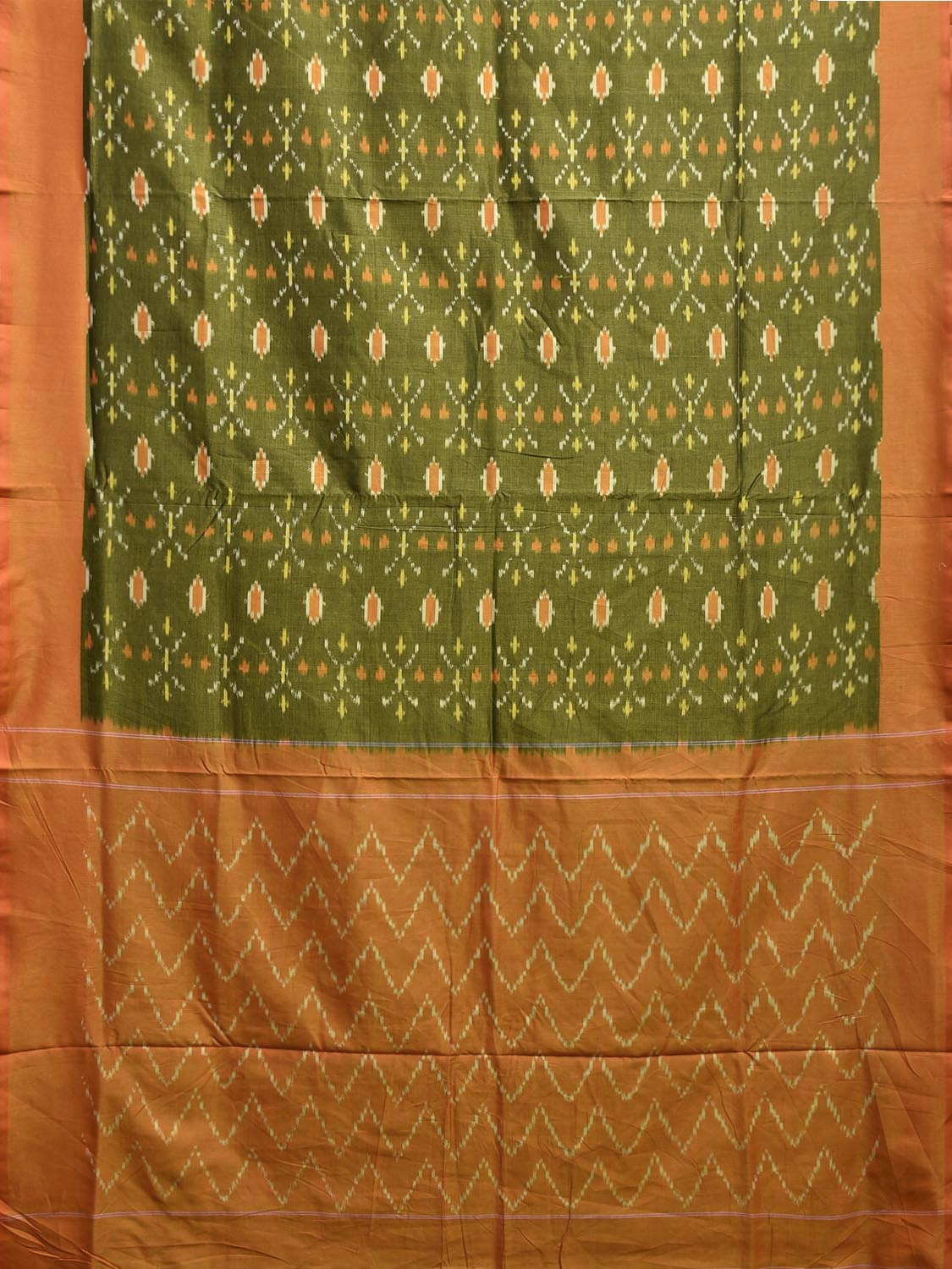 Green and Orange Pochampally Ikat Cotton Handloom Saree with Buta and Zig-Zag Pallu Design No Blouse i0921